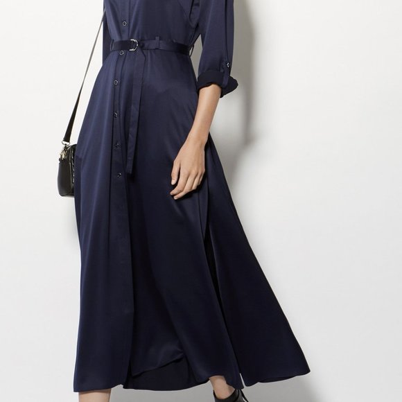 Karen Millen Dresses & Skirts - Karen Millen Satin Maxi Shirt Dress Navy Midi with Belt